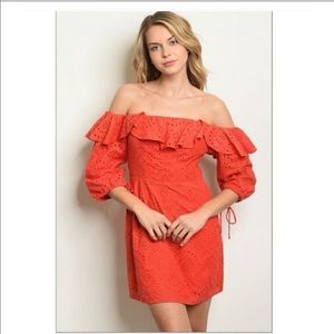 Off Shoulder Eyelet Ruffle Mini Dress